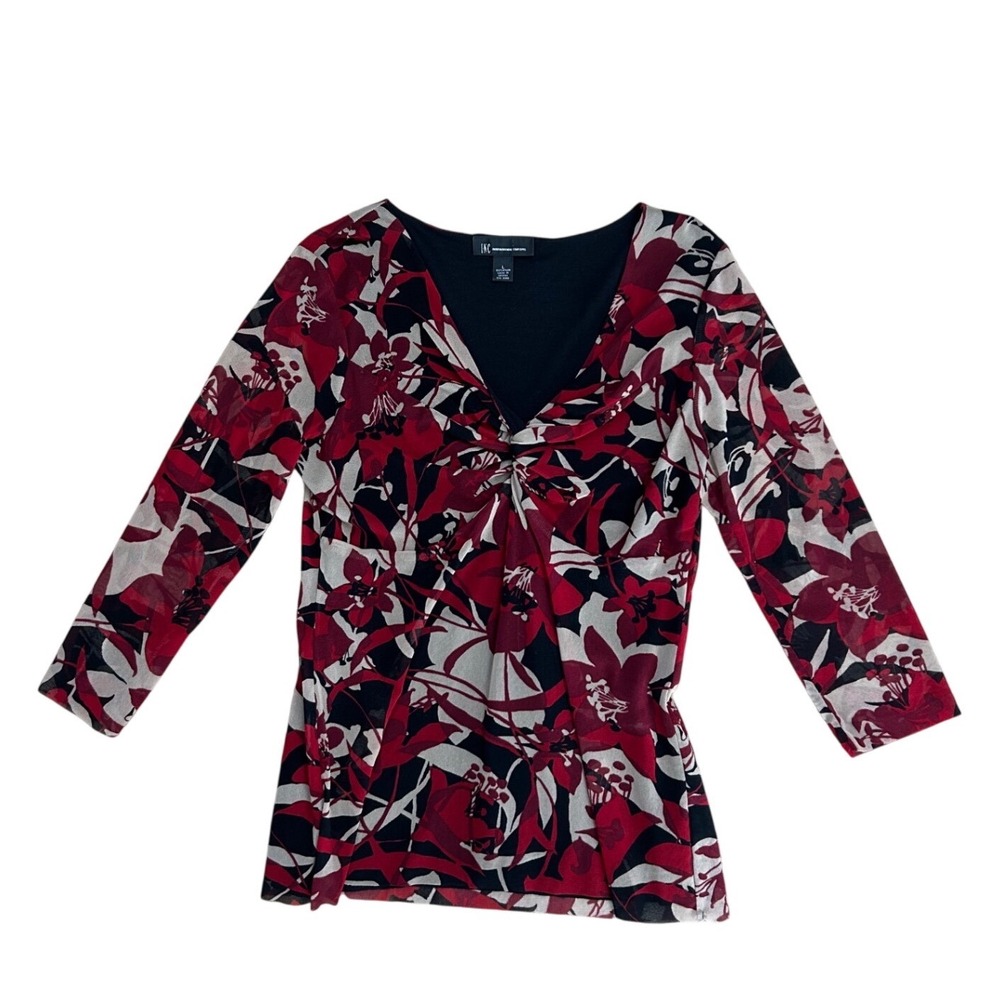 Vtg y2k Red Black Floral Mesh V-Neck Top Size Large fairy grunge whimsy
